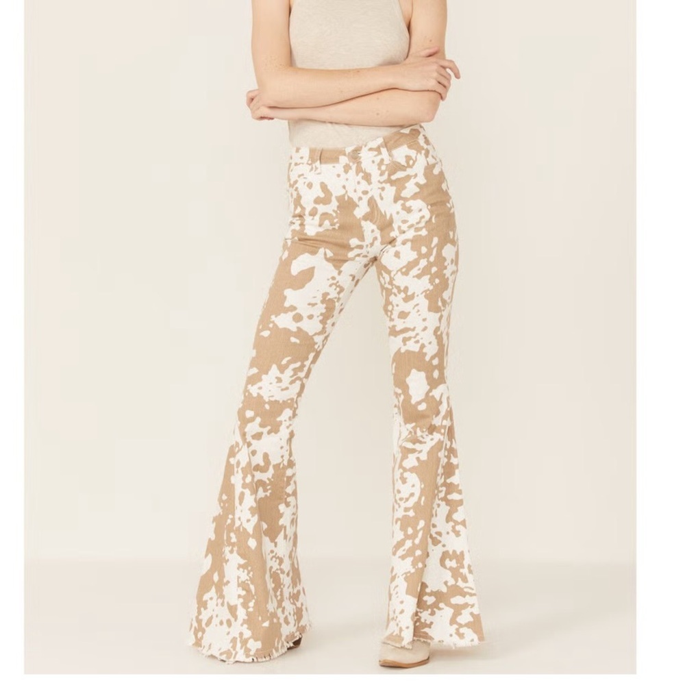 Saints & Hearts Women's Cow Print High Rise Raw Hem Flare Jeans